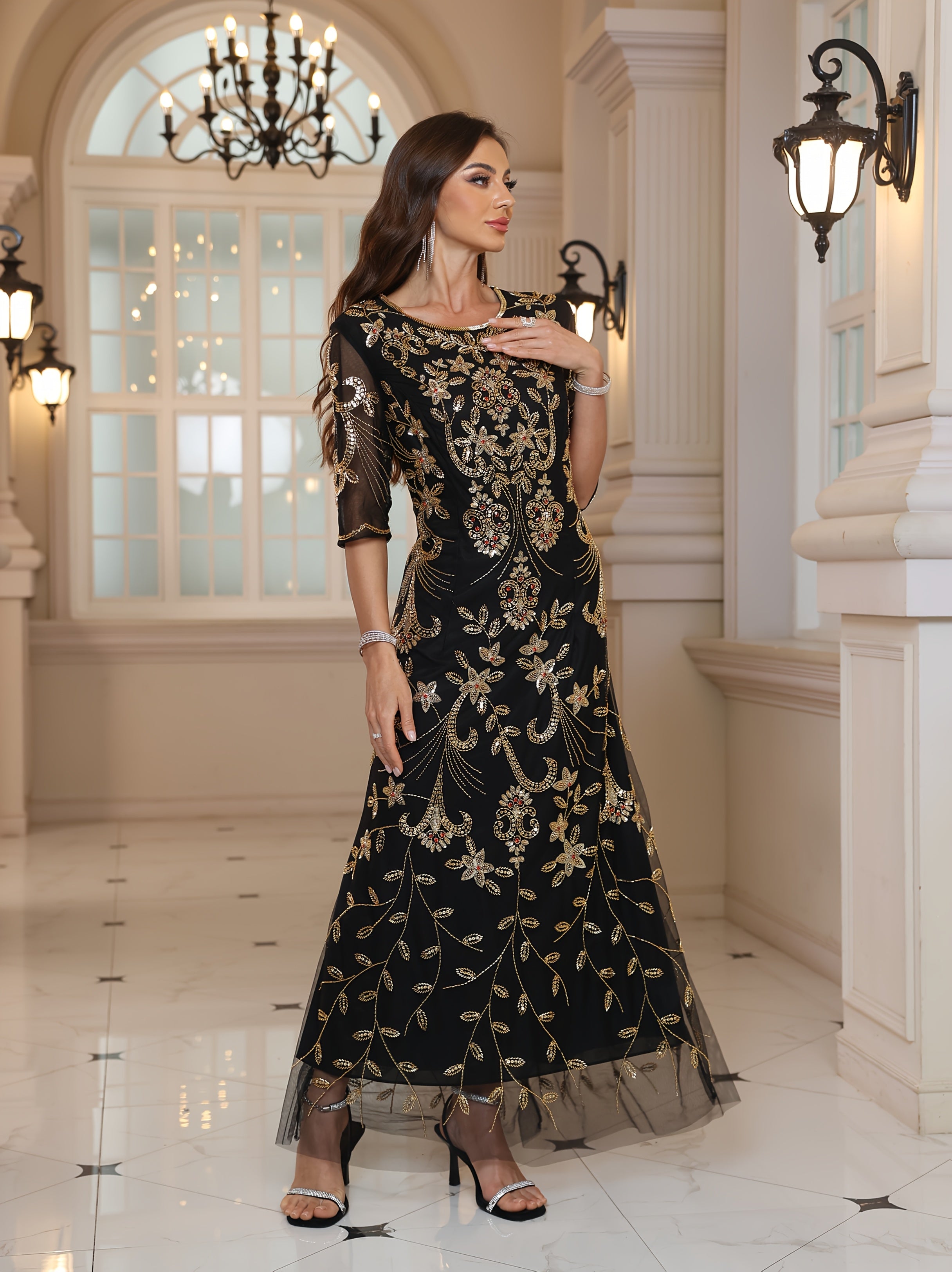 Women's Geometric Maxi Dress Black Gold Floral Formal Gown