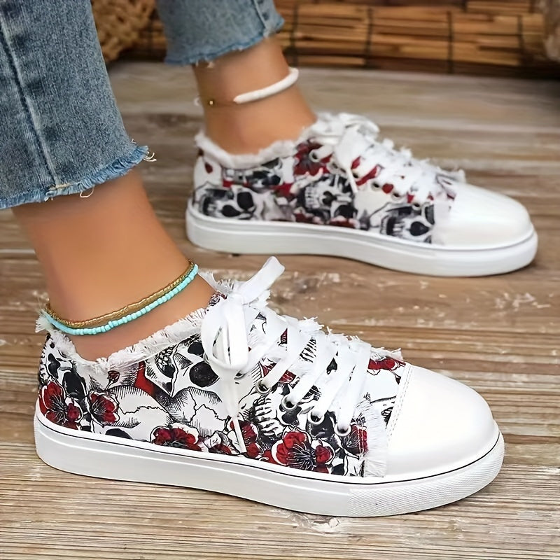 Women's Floral Print Lace-Up Low Top Flat Shoes