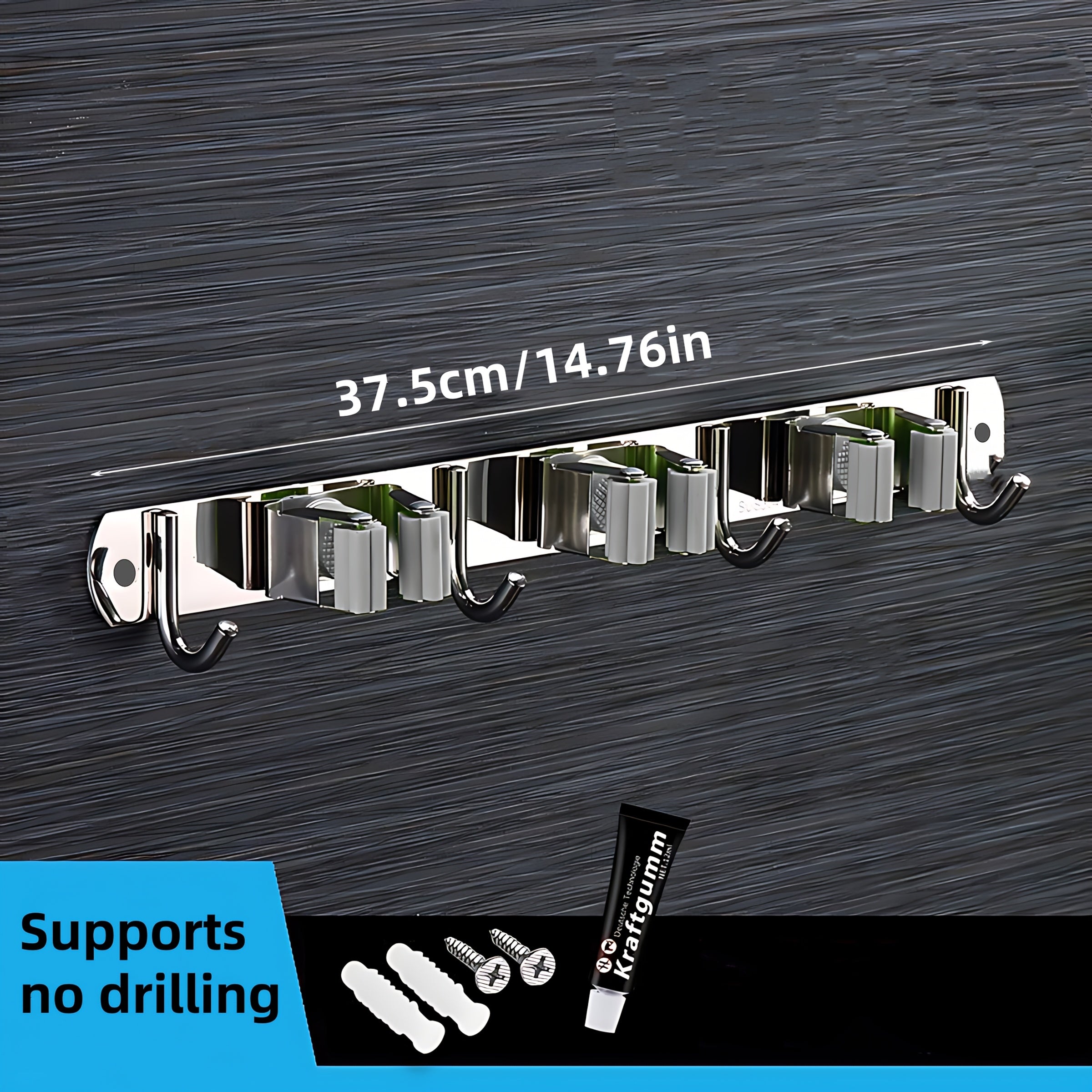 Wall-Mounted Mop and Broom Rack with 5 Clips 4 Hooks Stainless Steel