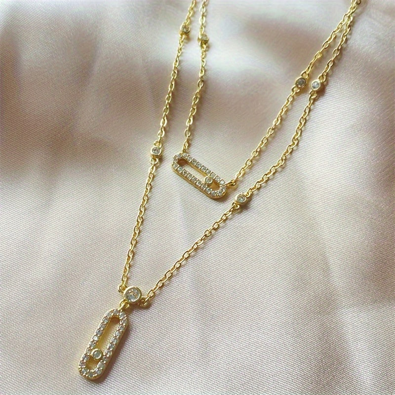 Women's Necklace with Double Paperclip Layers and Cubic Zirconia