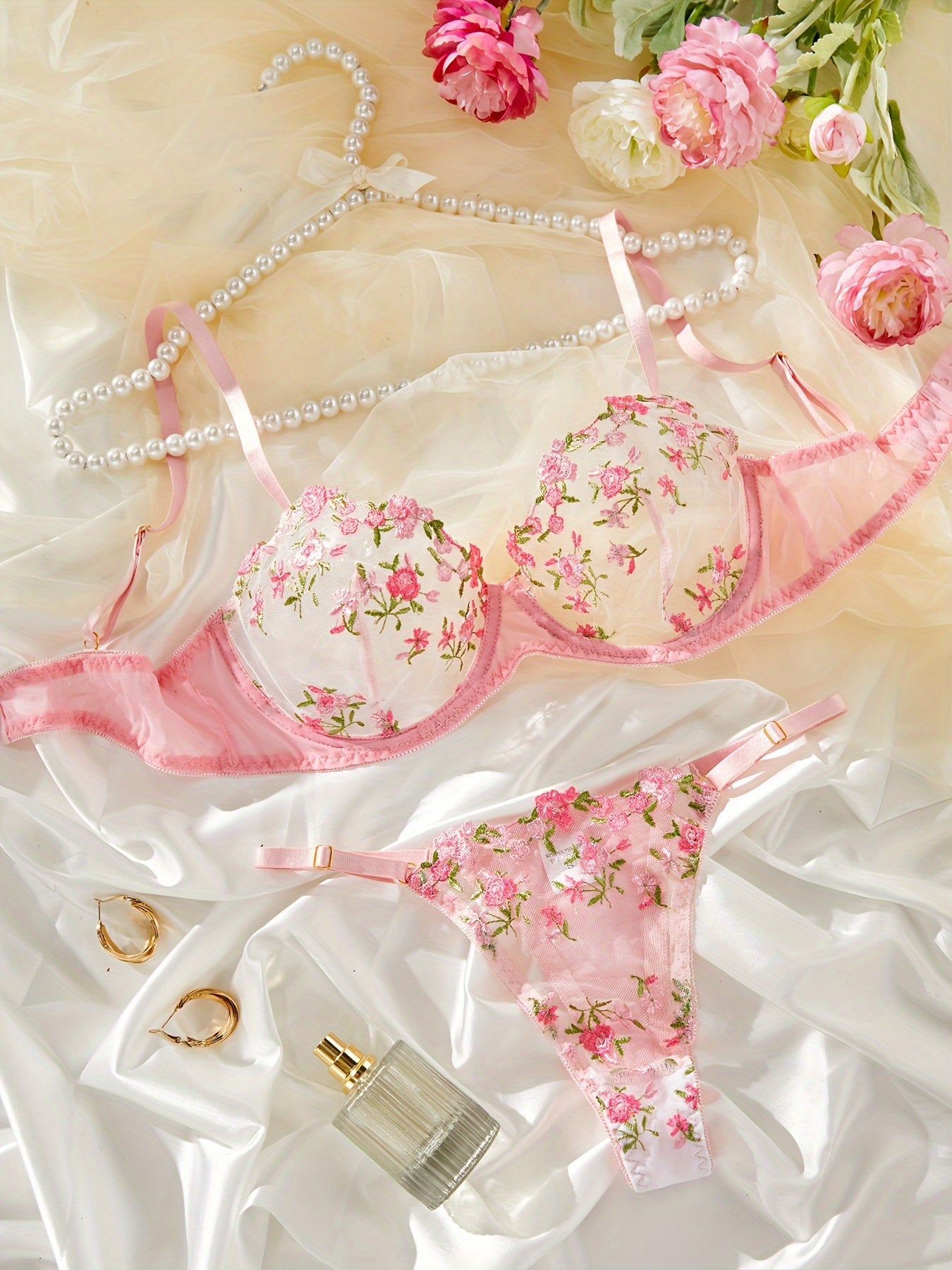 Women's Semi-Sheer Mesh Flower Pattern Lingerie Set Bra and Panty