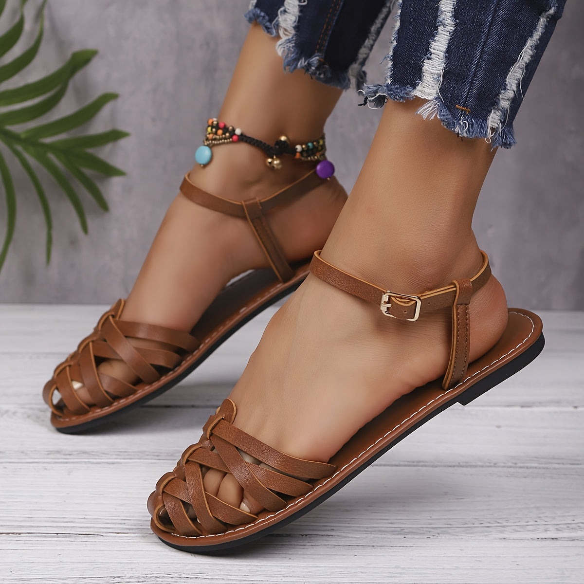Women's Summer Woven Leather Casual Roman Sandals
