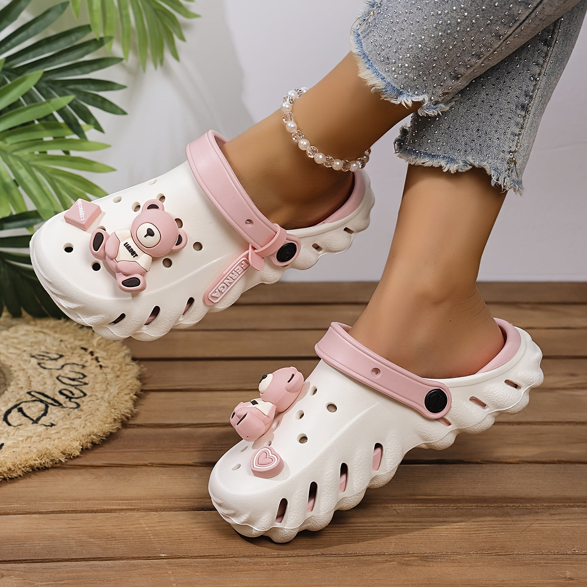 Women's Thick-Soled Clogs with Bear Decor, Hollow-Out Design, Breathable Summer Shoes