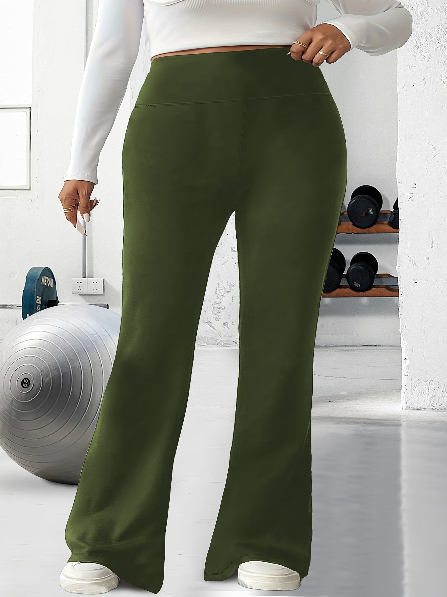 Women's Plus Size High Waist Stretchy Flare Leg Pants Olive Green