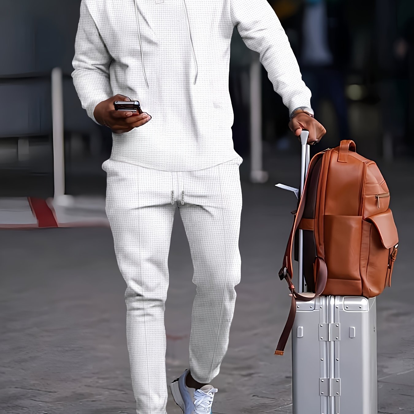 Men's Long Sleeve Hoodie and Pants Set Solid Waffle Knit Casual Autumn