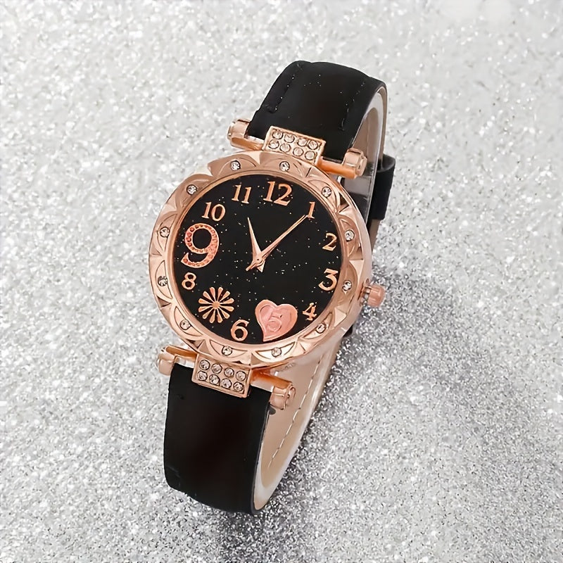 6 ta ayollar uchun sun'iy charm bilan ta'minlangan soat va yurak va olmosli zargarlik buyumlari to'plami