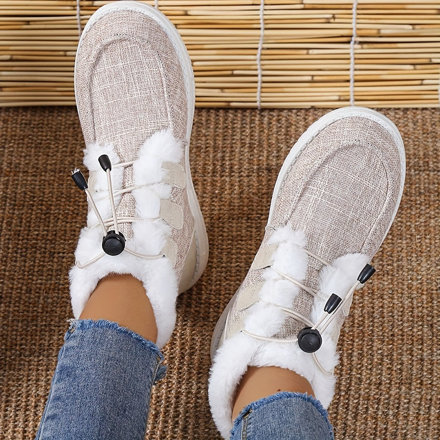 Women's Winter Slip-On Shoes Faux Fur Lined Beige Fabric Black Drawstrings Round Toe TPU Sole