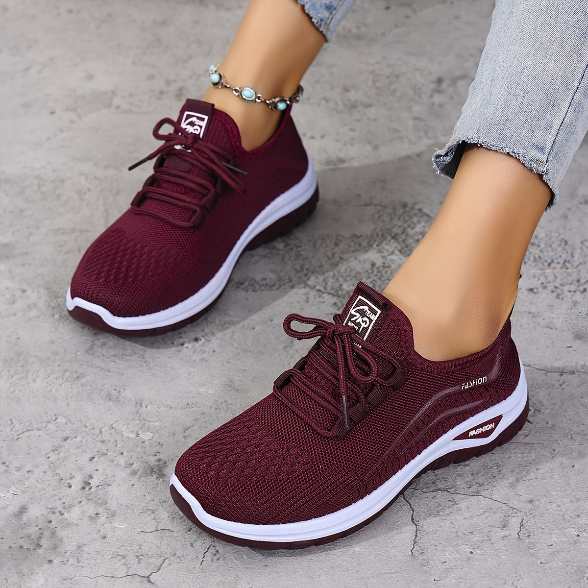 Women's Knitted Running Shoes with Lace-Up, Double-Layer Sole for Walking