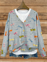 Cárdigan de punto para mujer talla grande con libélula y escote en V, suéter casual de manga larga