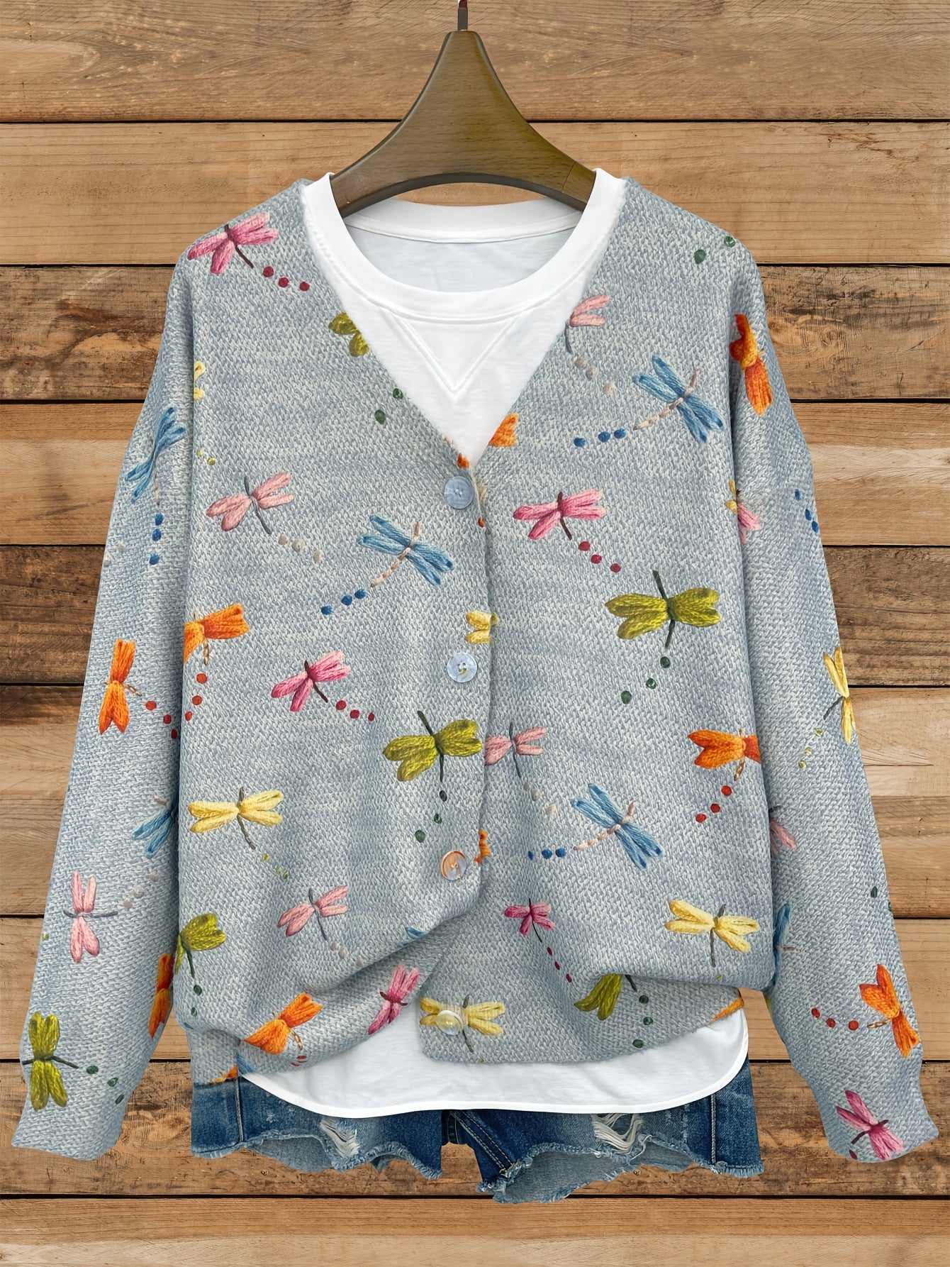 Cárdigan de punto para mujer talla grande con libélula y escote en V, suéter casual de manga larga