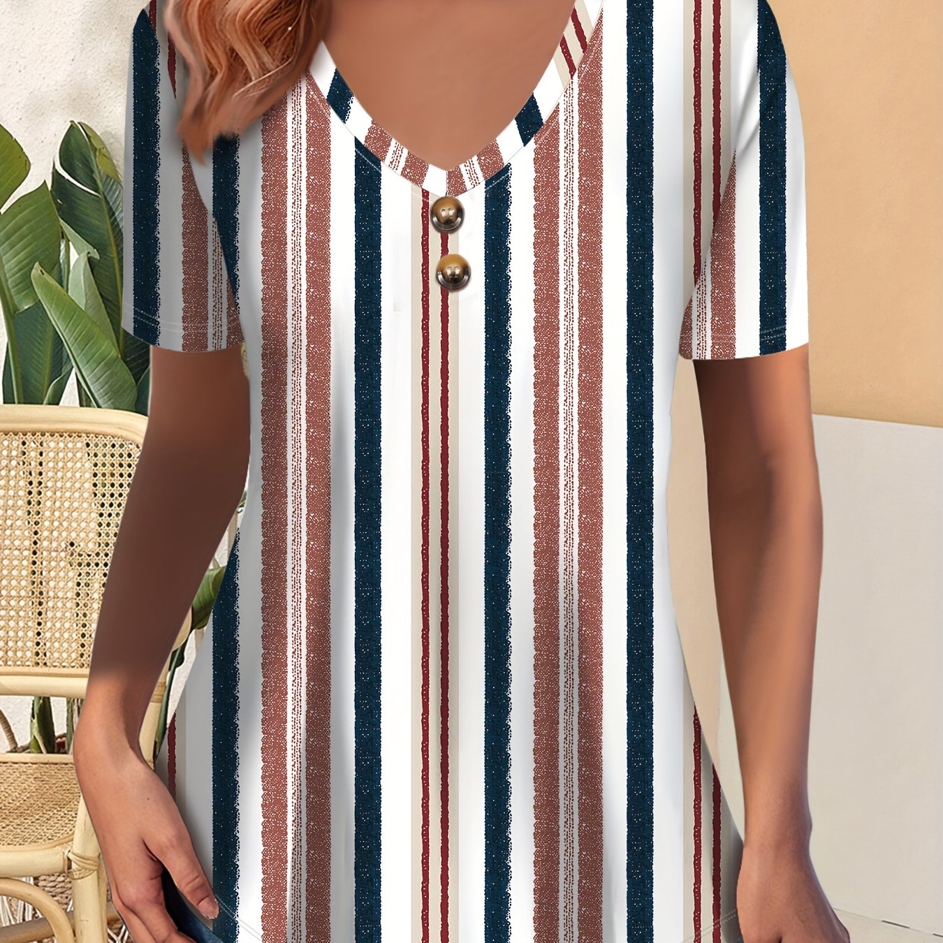 Plus Size Women's Striped V-Neck T-Shirt with Button Short Sleeve