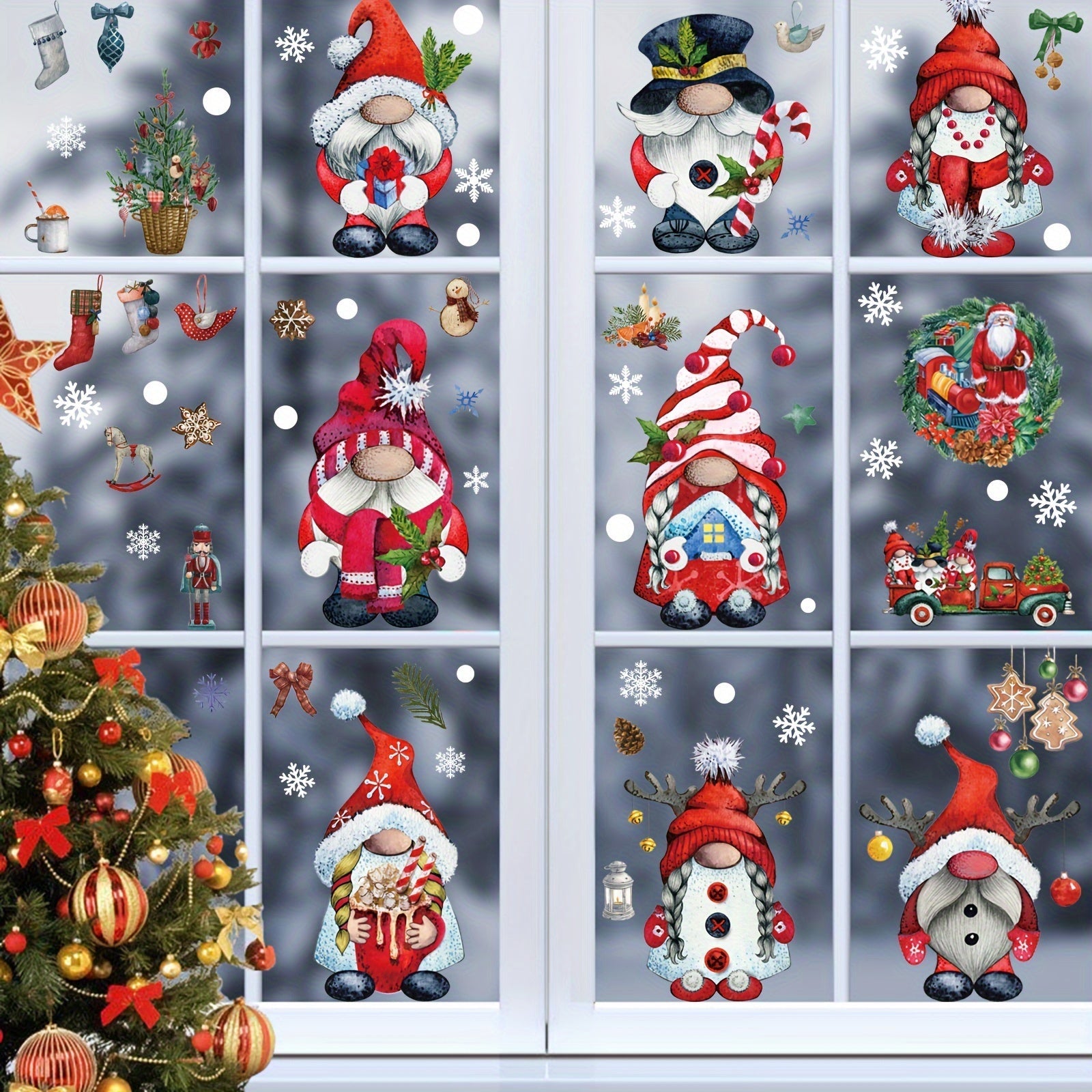 Set of 9 Christmas Gnome Window Clings Holiday Decor Festive Glass Decals