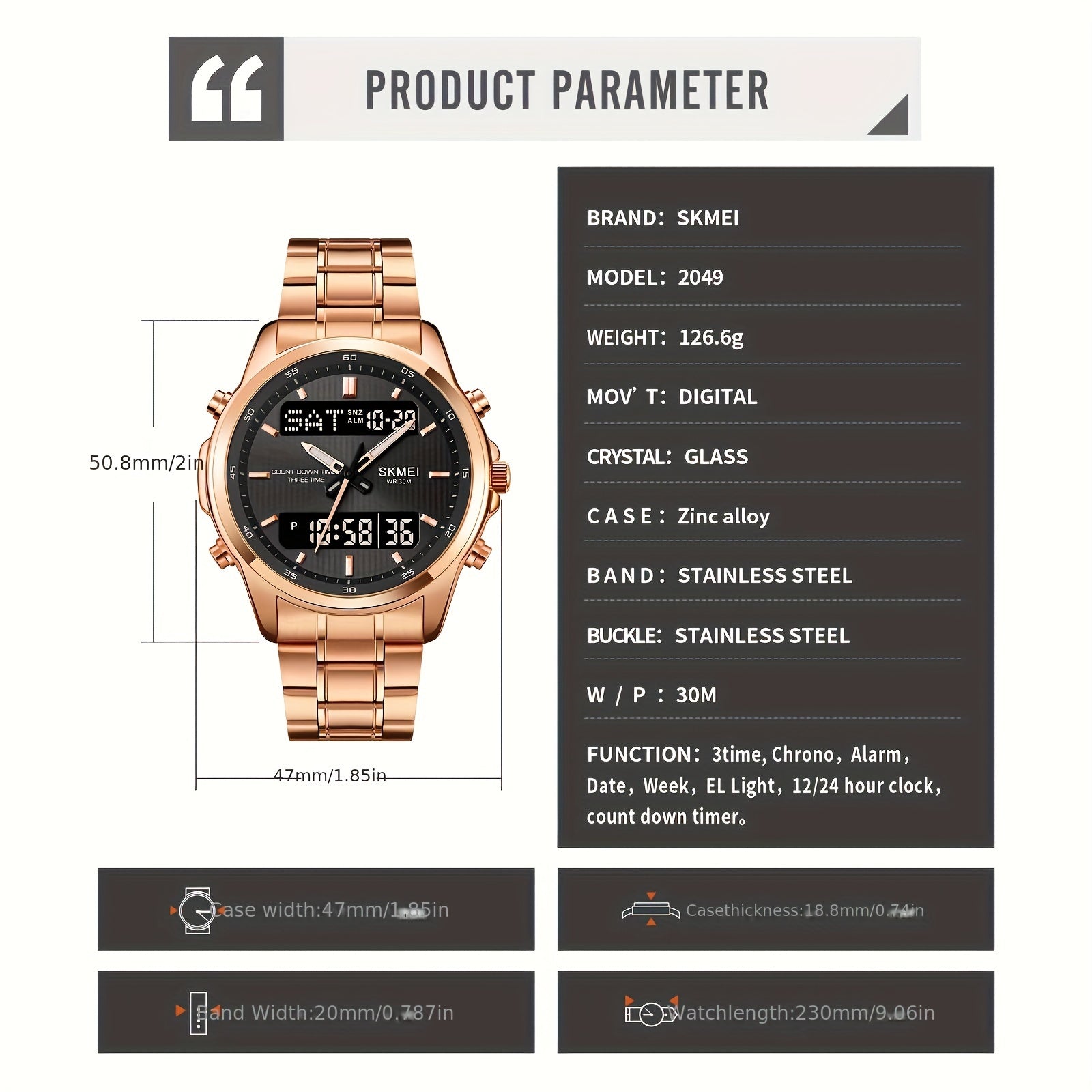 Reloj de negocios impermeable para hombre con doble pantalla, pulsera de acero luminosa y multifunción