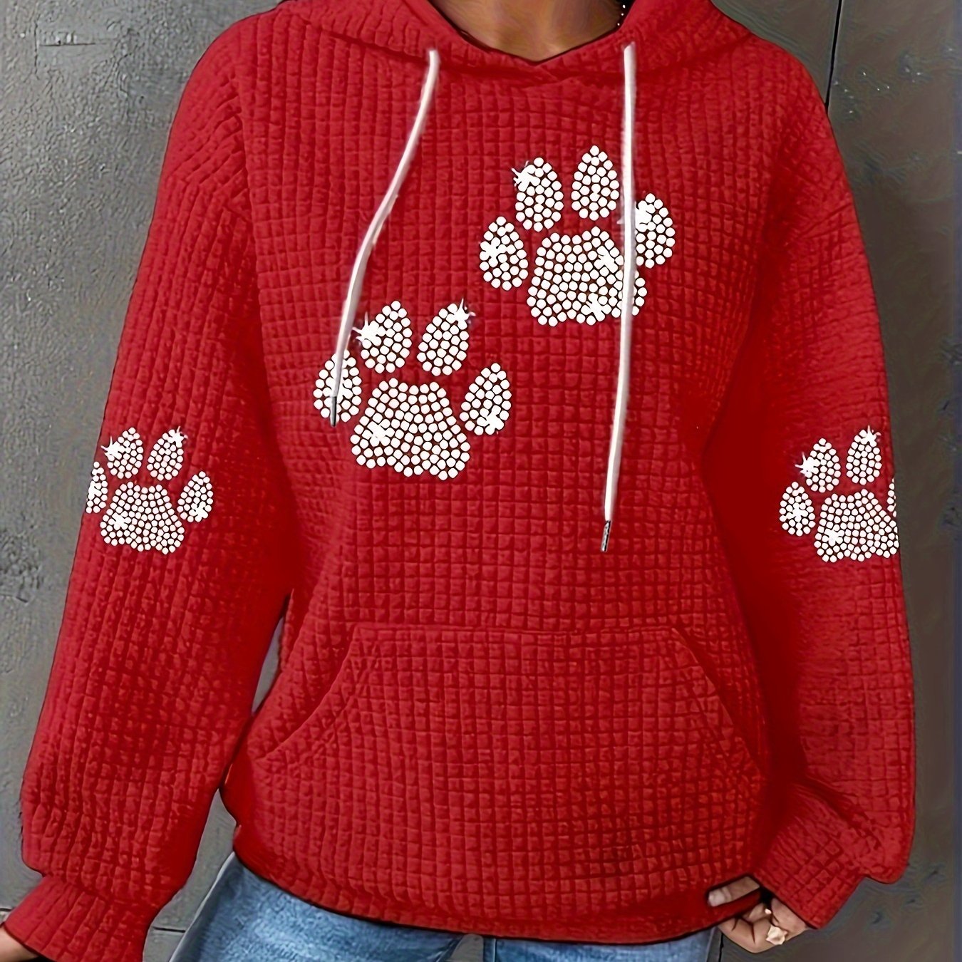 Plus Size Womens Hooded Sweatshirt with Rhinestone Paw Print Pullover