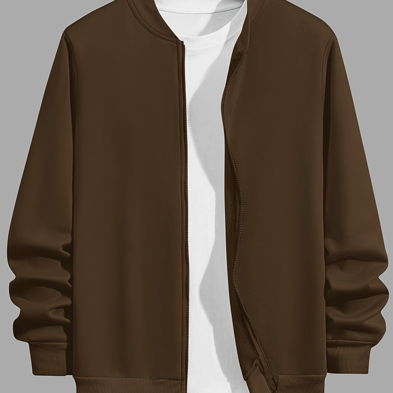 Katta o'lchamdagi erkaklar uchun zip-up kurtka, bir rangda va beysbol yaka bilan, kuz va qish uchun mukammal.
