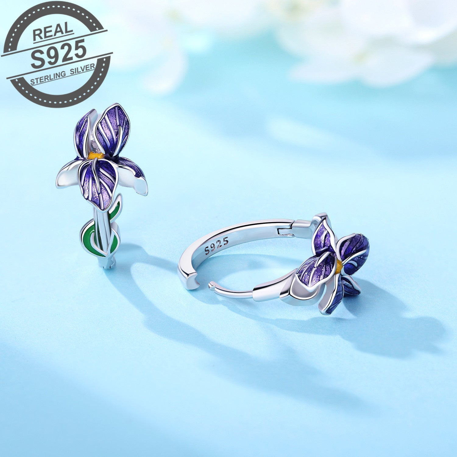 Silver Iris Flower Ear Cuff Synthetic Stone Preppy Festival Jewelry for Women