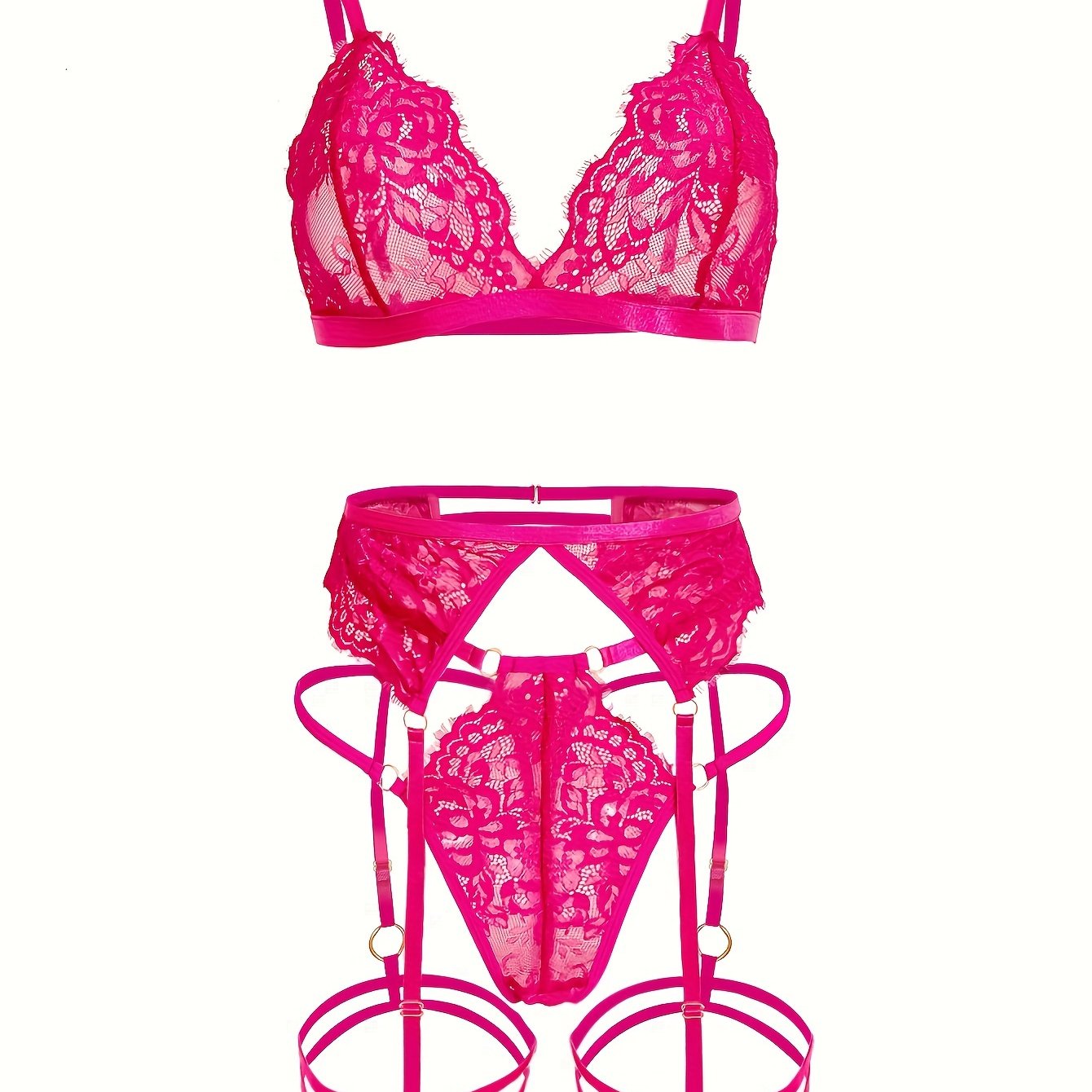 Ayollar uchun 5 ta qismlik jozibali gullar bilan bezatilgan dantelli ichki kiyim to'plami: brassier, thong, garter belti va oyoq halqalari. Nylon aralashmasi, qo'l bilan yuvish mumkin.