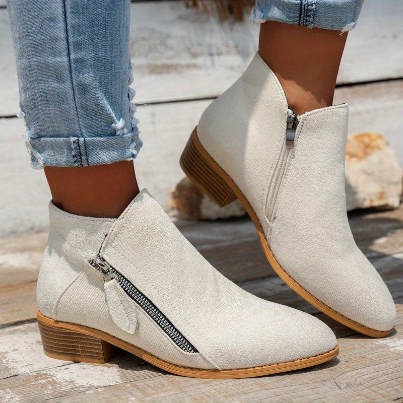 Women's Chunky Heel Ankle Boots Pointed Toe Side Zipper Plus Size 36-43