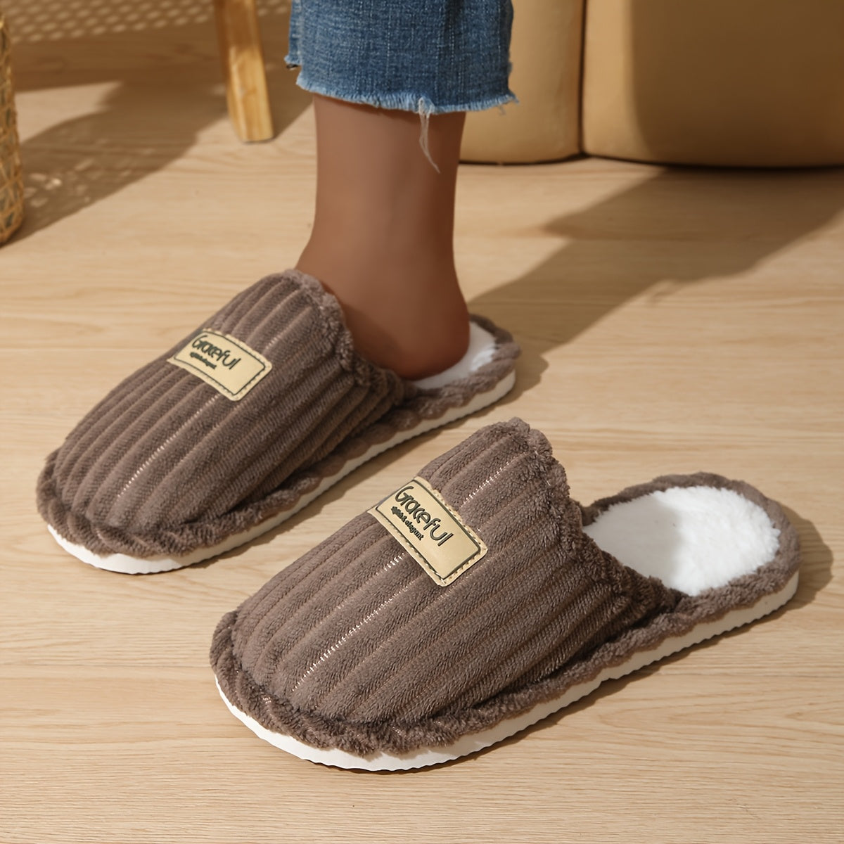 Women's Slip-On Slippers Vertical Stripe Soft Fabric Indoor Outdoor