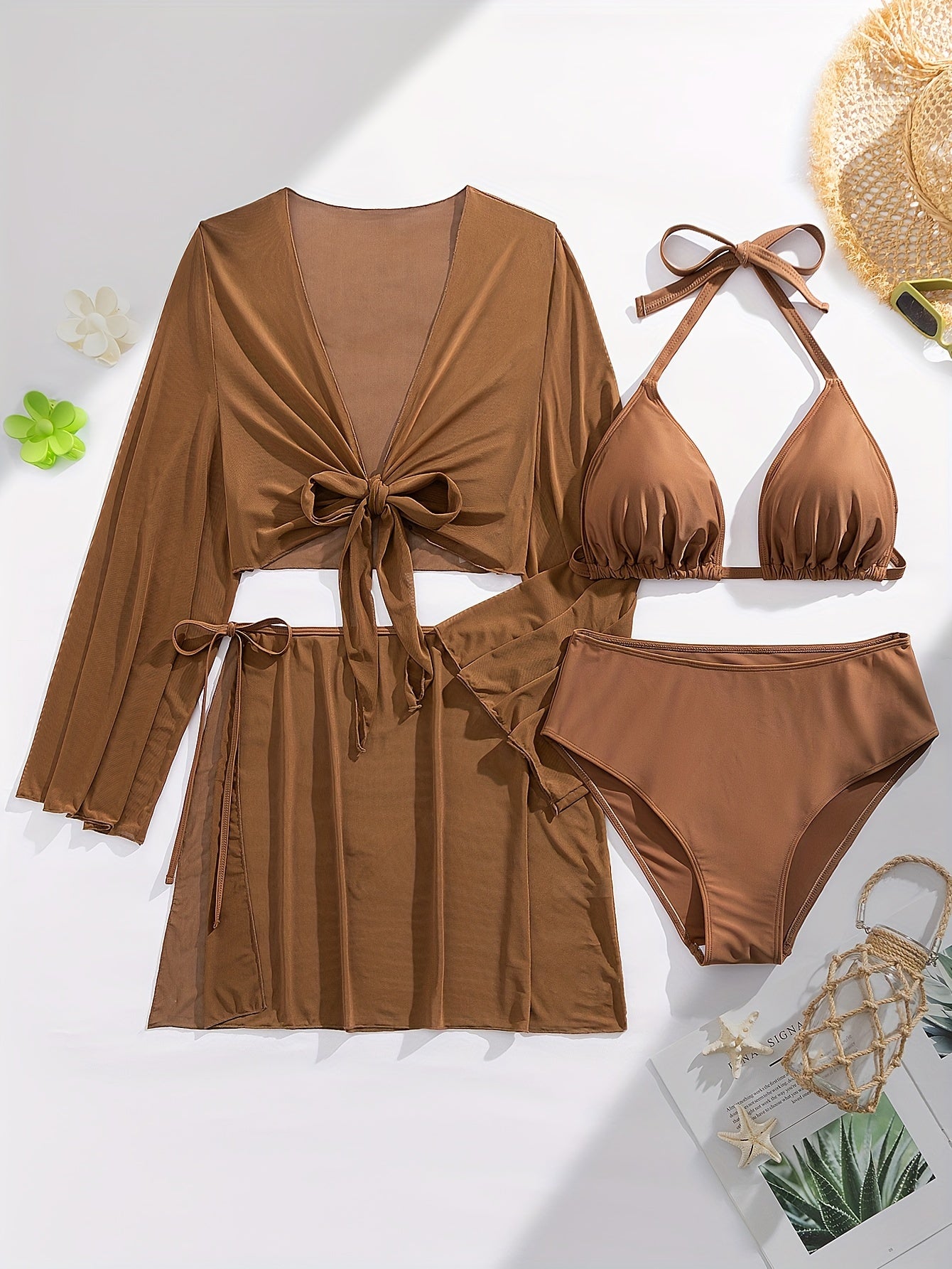 Monochrome Swimsuit Set for Women with Long Sleeve Cover-Up and Belted Skirt