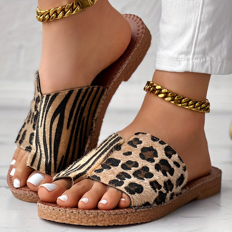 Women Two-Tone Leopard Print Slide Sandals Open Toe Flat Heel