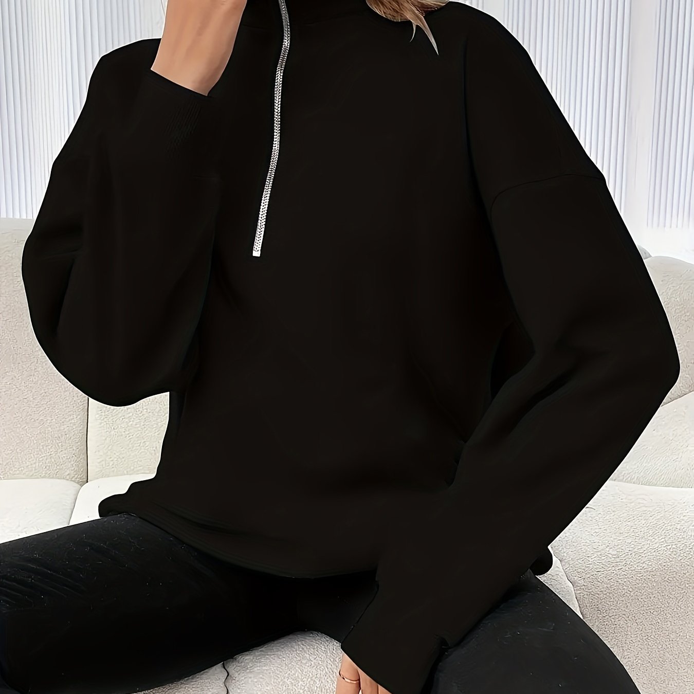 Women's Solid Color Zip-Up Fleece Sweatshirt High Neck Pullover for Fall Winter