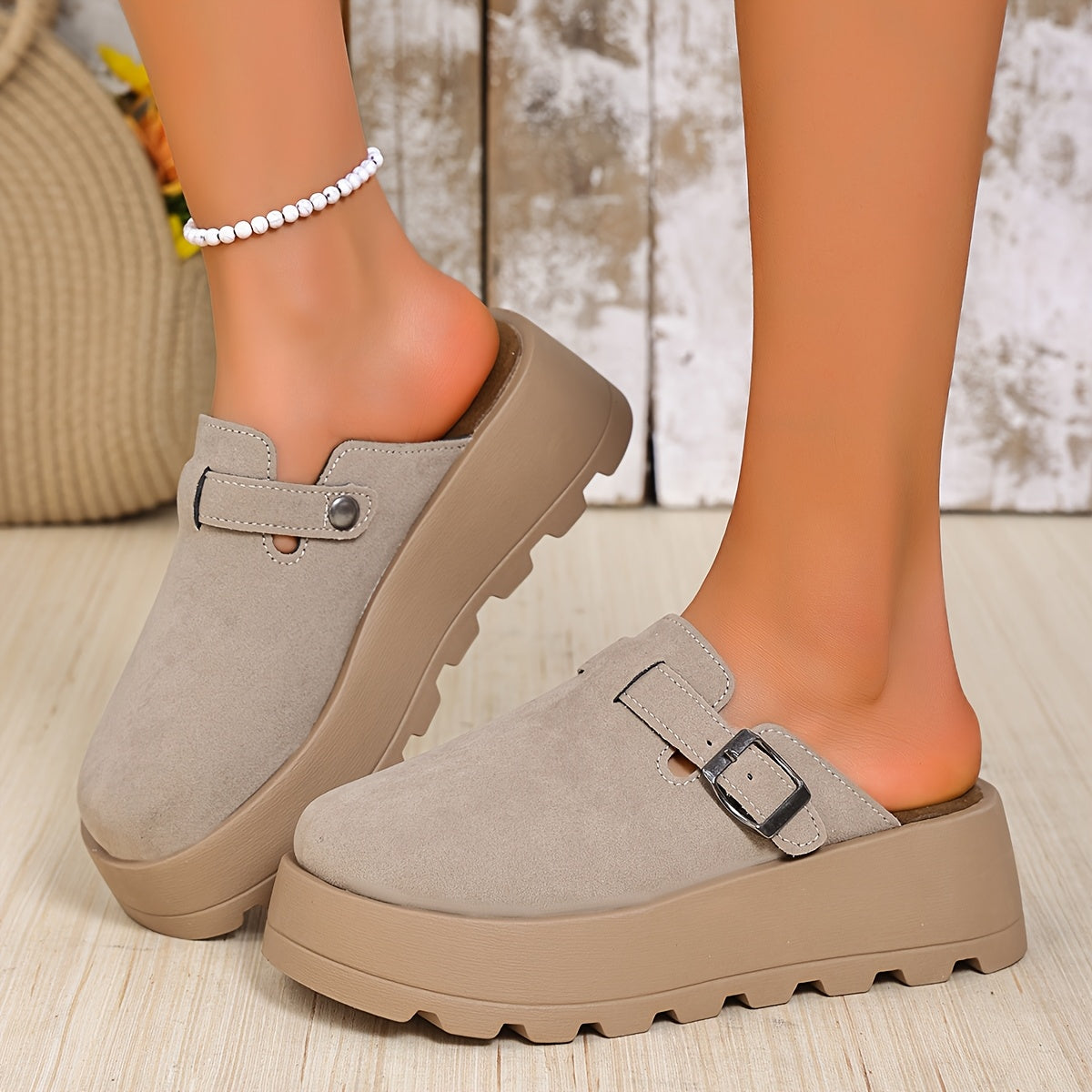 Women Beige Wedge Mules with Adjustable Buckle Slip-On Shoes