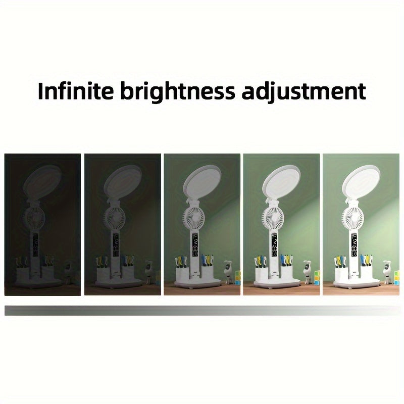 LED Desk Lamp with Eye Protection, Touch Control, Foldable Design, Built-in Fan for Reading in Bed