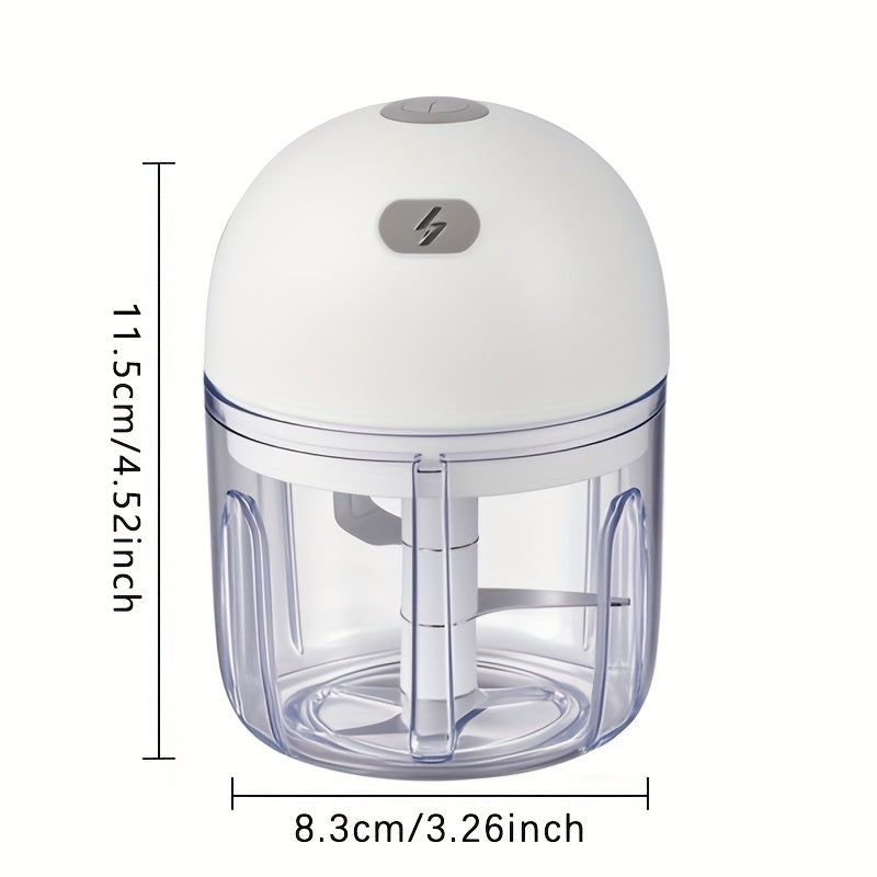 Stainless steel pichoqli USB qayta zaryadlanadigan sarimsoq bosish va maydalash qurilmasi, turli taomlar uchun kompakt va portativ dizayn, 36V xavfsiz kuchlanish, 500mAh batareya, bardoshli plastmassa korpus.