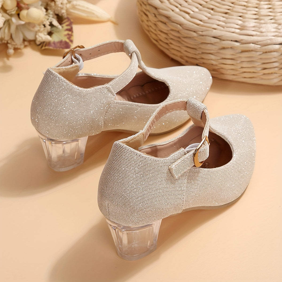 Girls High Heeled Shoes Spring Autumn Embroidered Flower Glitter PVC Pointed Toe