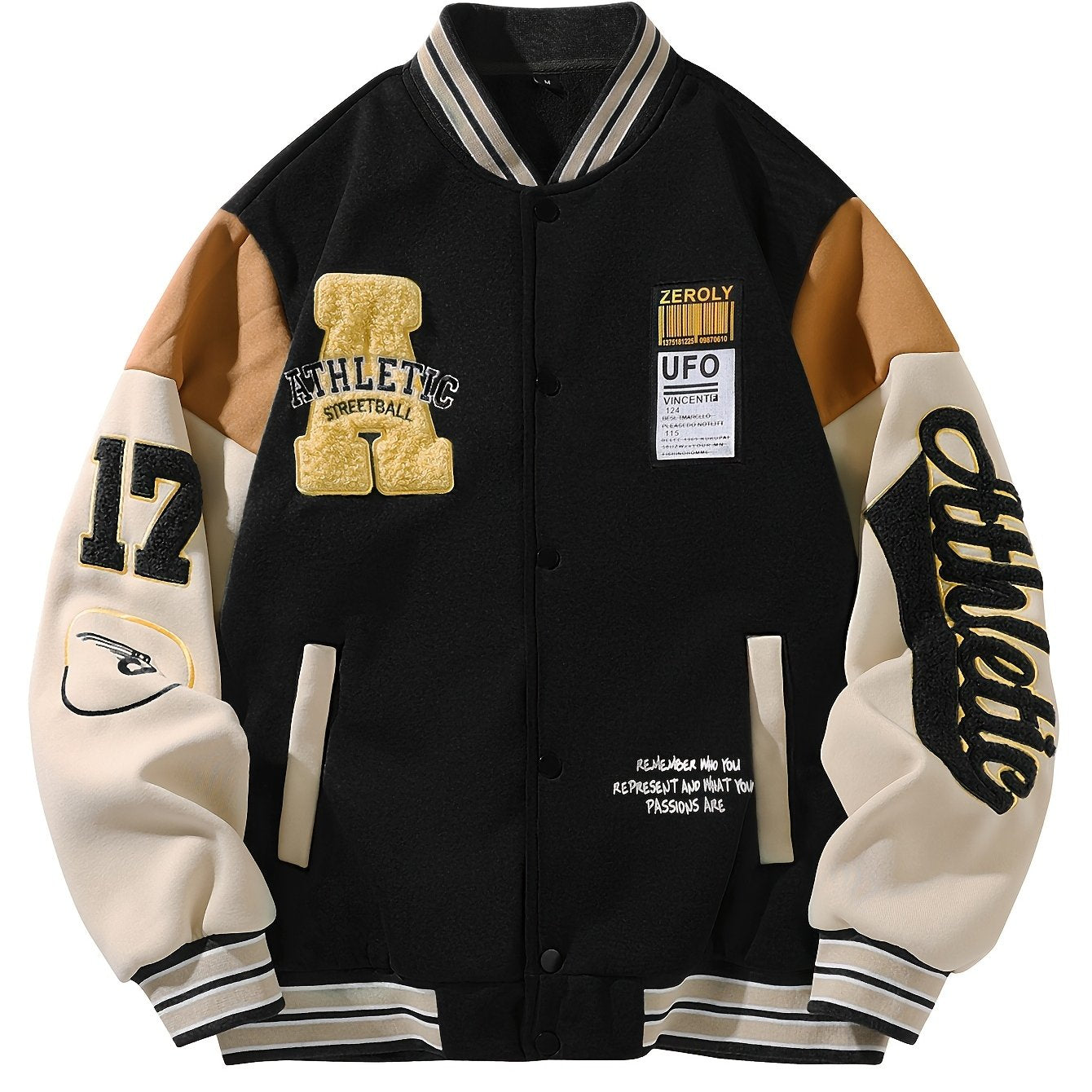 Erkaklar uchun tasodifiy universitet jeketi, harfli tikuv bilan, to'qilgan polyesterdan tayyorlangan va mashinada yuvish mumkin. Beysbol yelkasiga, uzun yenglarga ega va kuz va qish mavsumida kiyish uchun ideal.