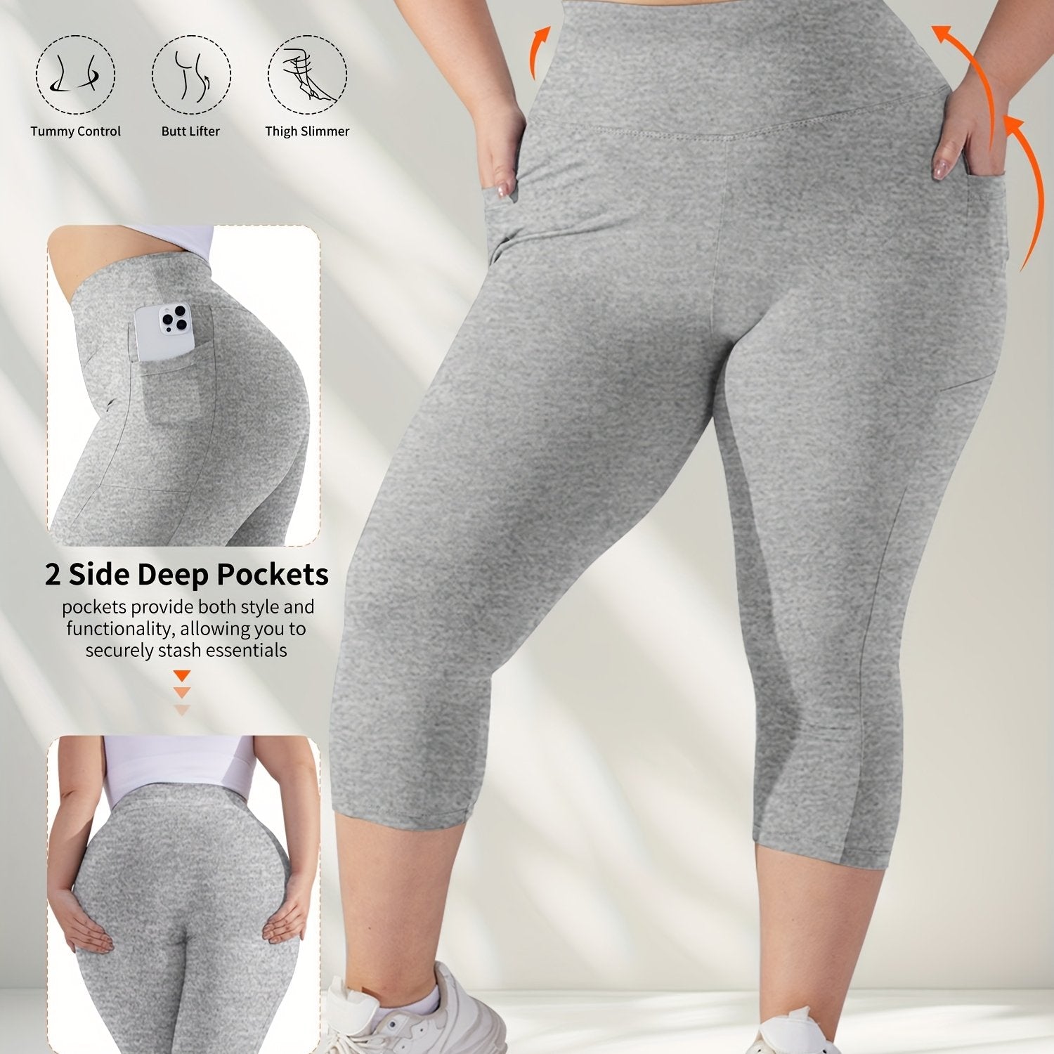 Леггинсы для женщин больших размеров с высокой талией и карманами, контроль живота, серый