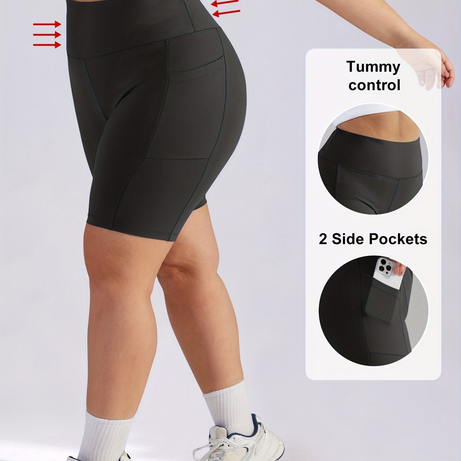 Plus Size Women's High-Waisted Tummy Control Workout Shorts with Pockets