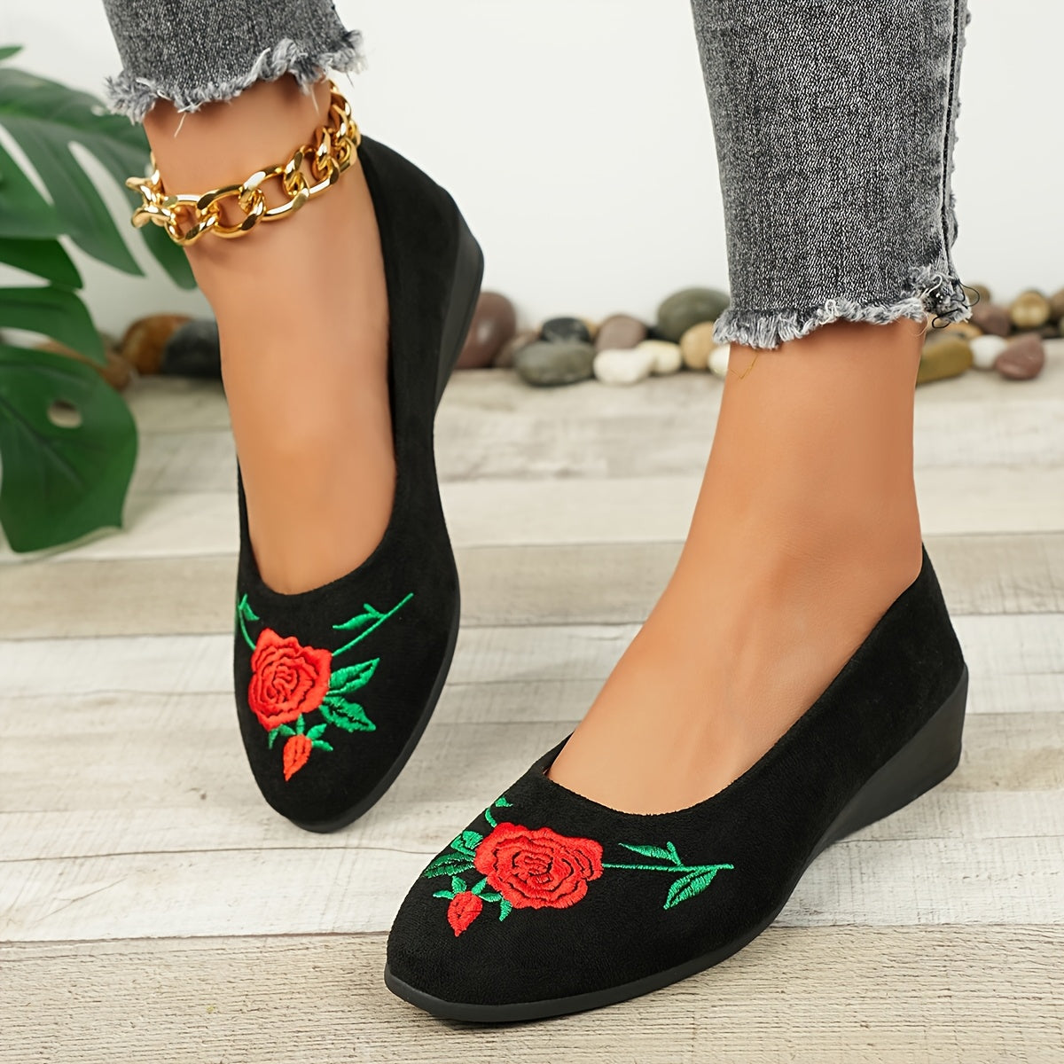 Ayollar uchun tikilgan peony balet flats slip-on Mary Jane poyabzal