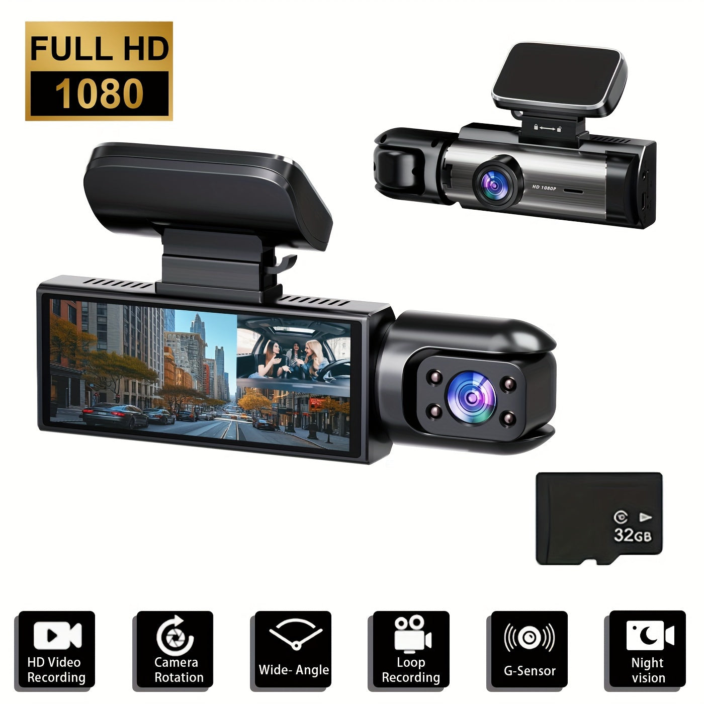 1080P Dual Camera Dash Cam with IR Night Vision Wide Angle Lens 8.03cm LCD Screen Loop Recording Car Camera