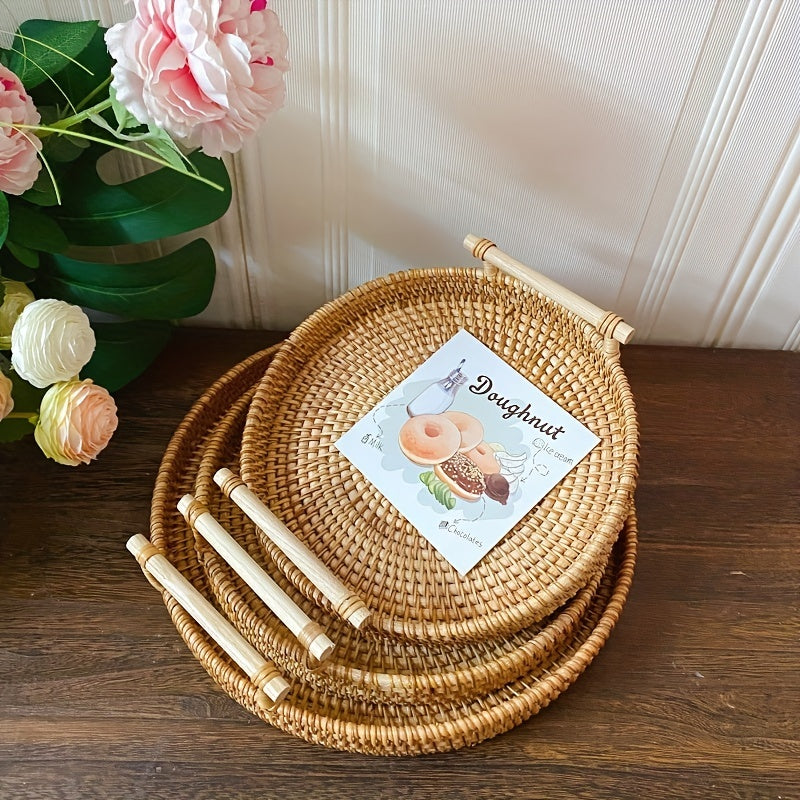Handcrafted Rattan Serving Tray with Double Handles for Tea, Fruit, Snacks