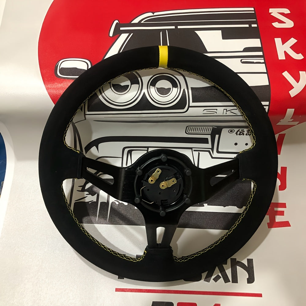 Universal Leather Racing Steering Wheel 14 Inch Deep Dish Yellow Stripe