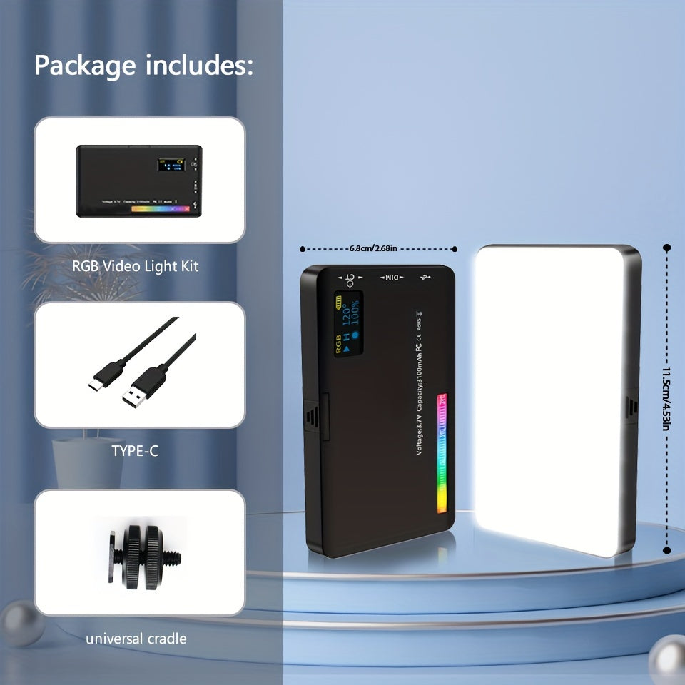 Portativ RGB video yoritgichi yuqori CRI (>95), sozlanadigan rang harorati (2500-9000K), ichki zaryadlanadigan batareya, tripod stendi, OLED displey va turli xil uchun sozlanadigan rang/yorqinlik.