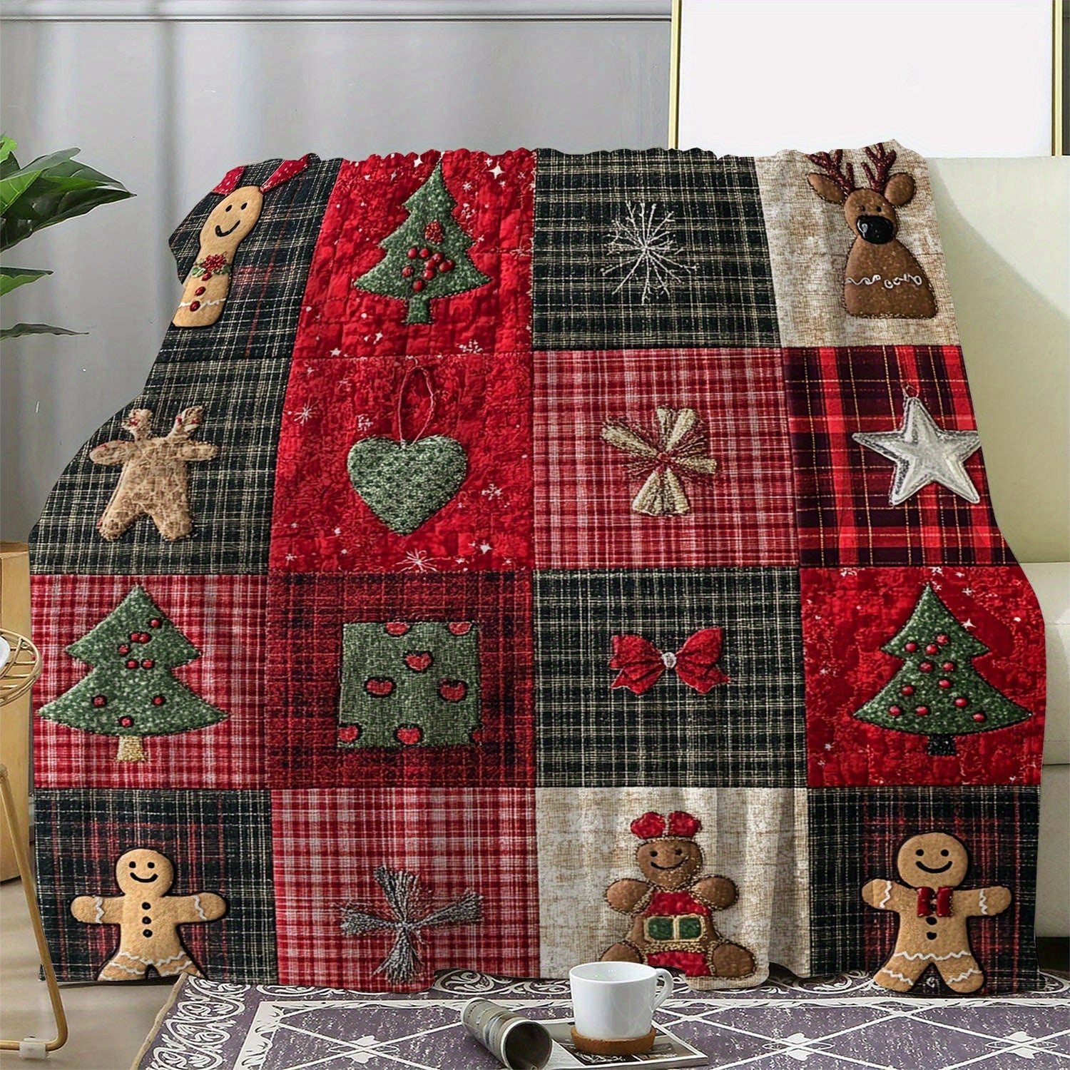 Christmas Themed Knitted Polyester Flannel Blanket with Stars Gingerbread Men and Trees