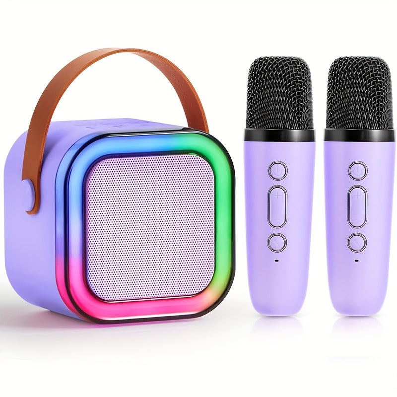 Portable Wireless Karaoke Machine with 2 Microphones RGB Lighting USB TF Support in Purple Black