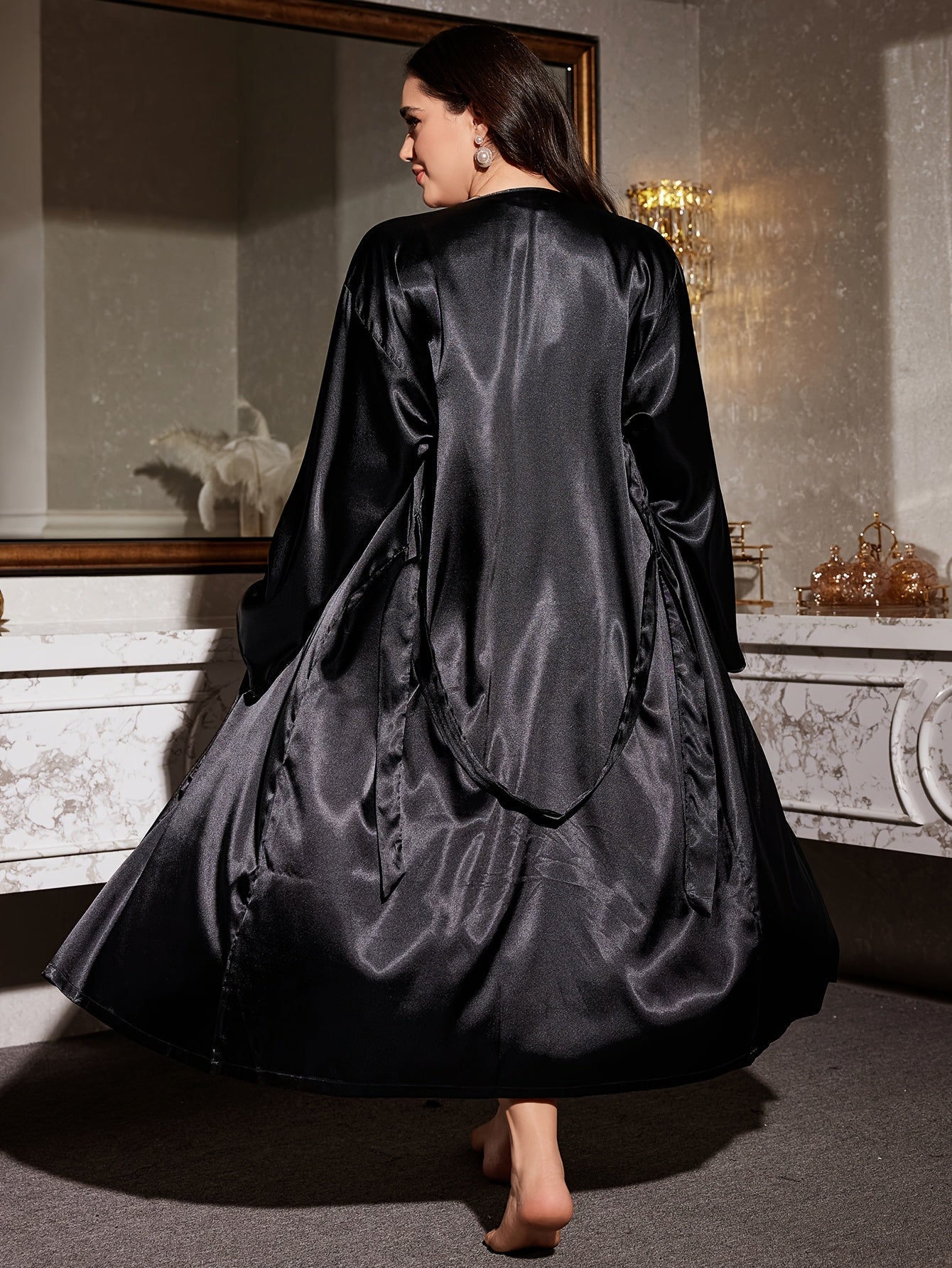 Plus Size Women Solid Color Long Sleeve Home Robe Pajama Dress