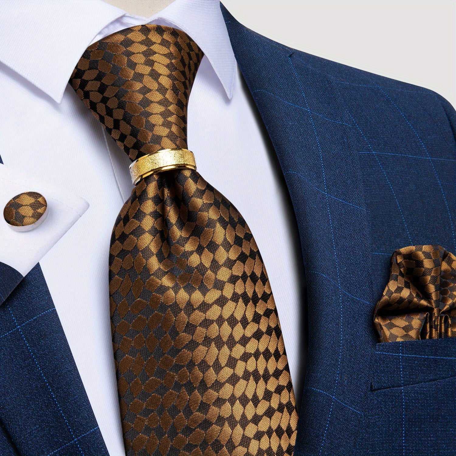 Men's Tie Set with Paisley Plaid and Striped Designs Including Pocket Square Cufflinks Ring