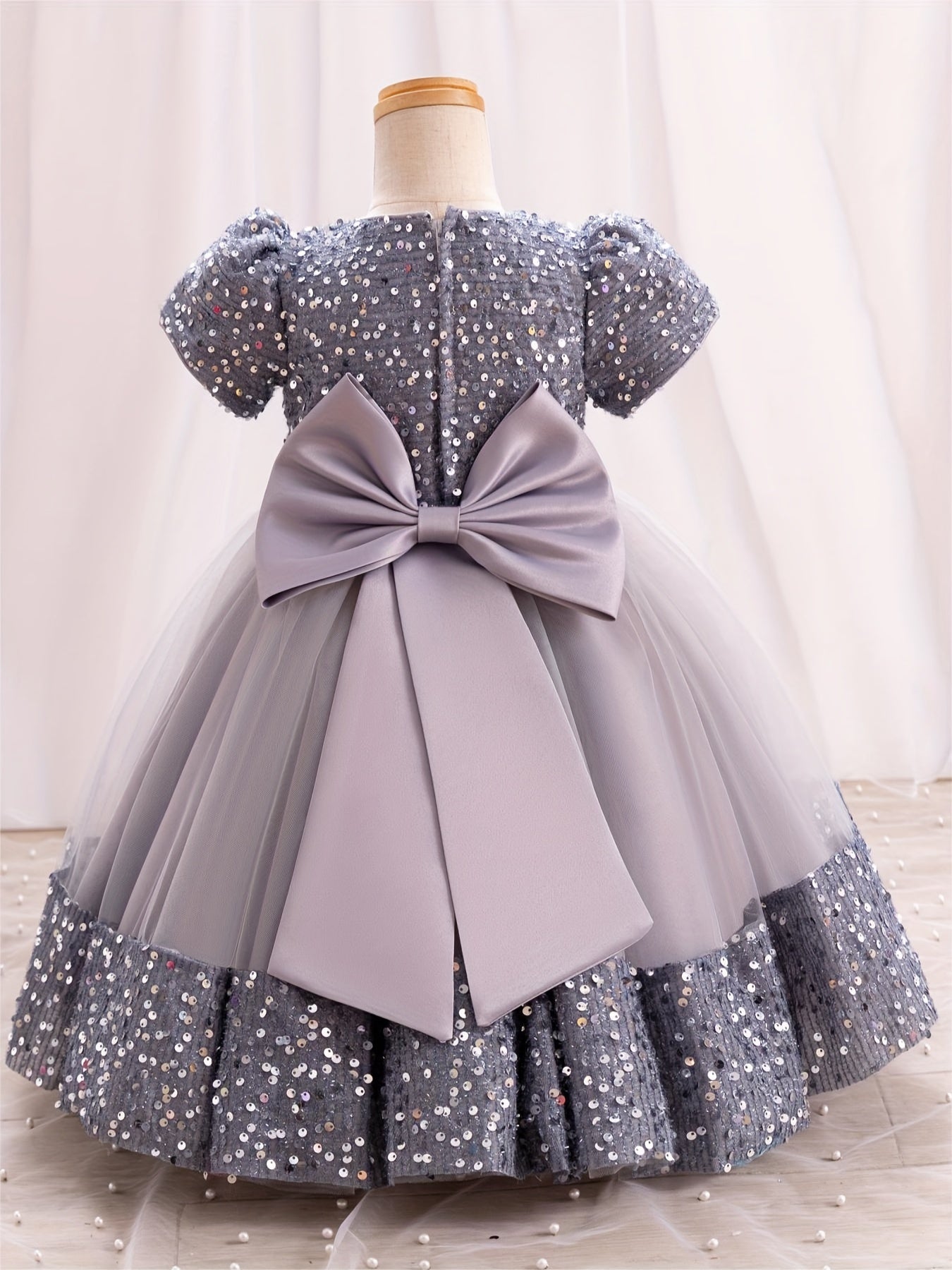 Girls Sparkling Midi Dress with 3D Flower Decor Sequin and Belt for Weddings Parties