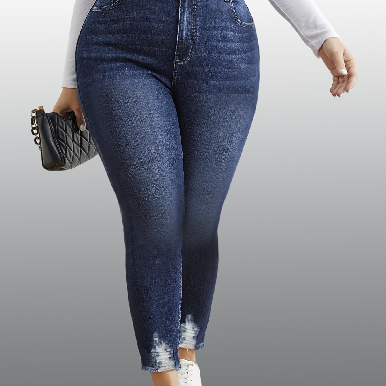 Women's Plus Size High Stretch Distressed Edge Jeans with Hairy Legs