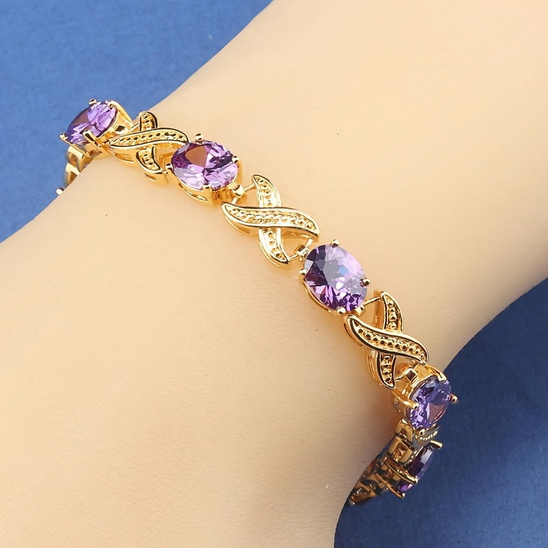 Klassik tennis bilaguzuk, 18K oltin qoplamada rang-barang sintetik kubik zirkonlar bilan, nafis mis zanjir bilan. Ushbu ayollar uchun moda zargarlik buyumi, mukammal 14-fevral yoki bayram sovg'asi bo'ladi. Uslub: Oddiy va abadiy.