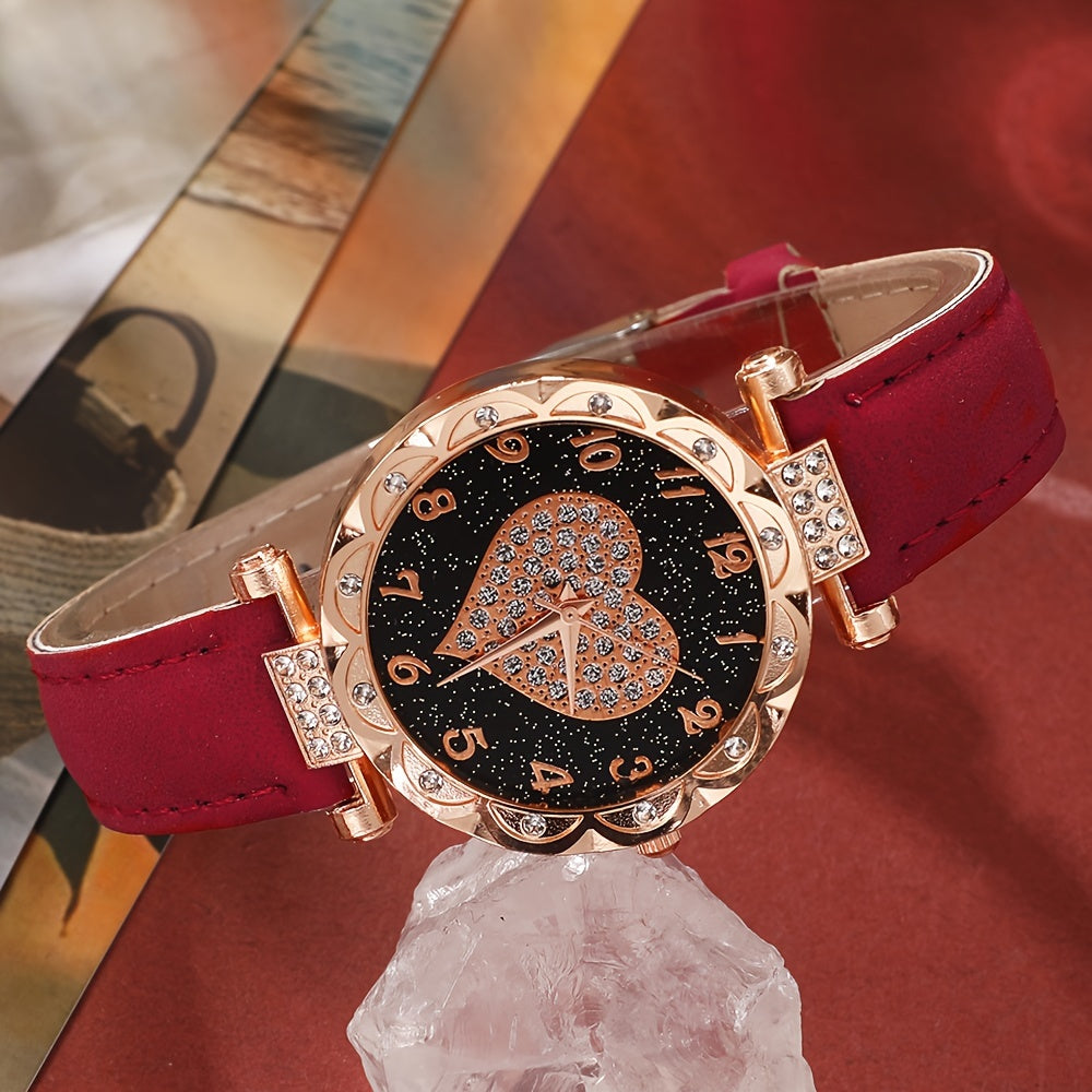 Women's Heart Quartz Watches Set with Rhinestone Accents and Matching Jewelry