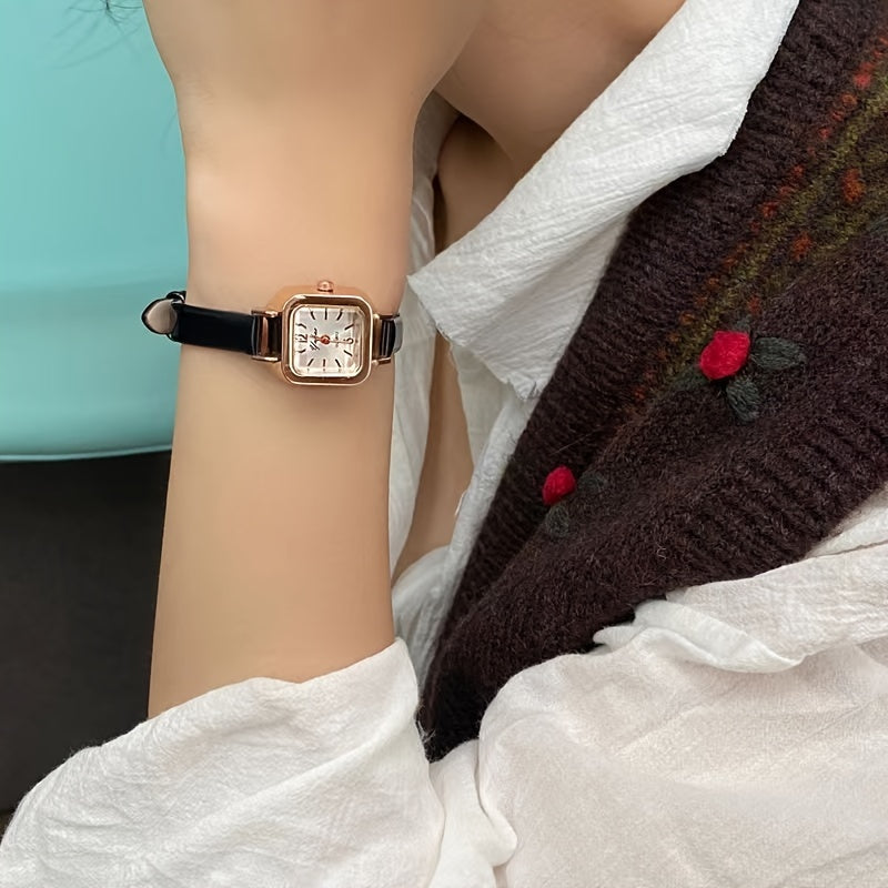 Women's Mini Square Quartz Watch with Faux Leather Strap White Dial Elegant Wristwatch