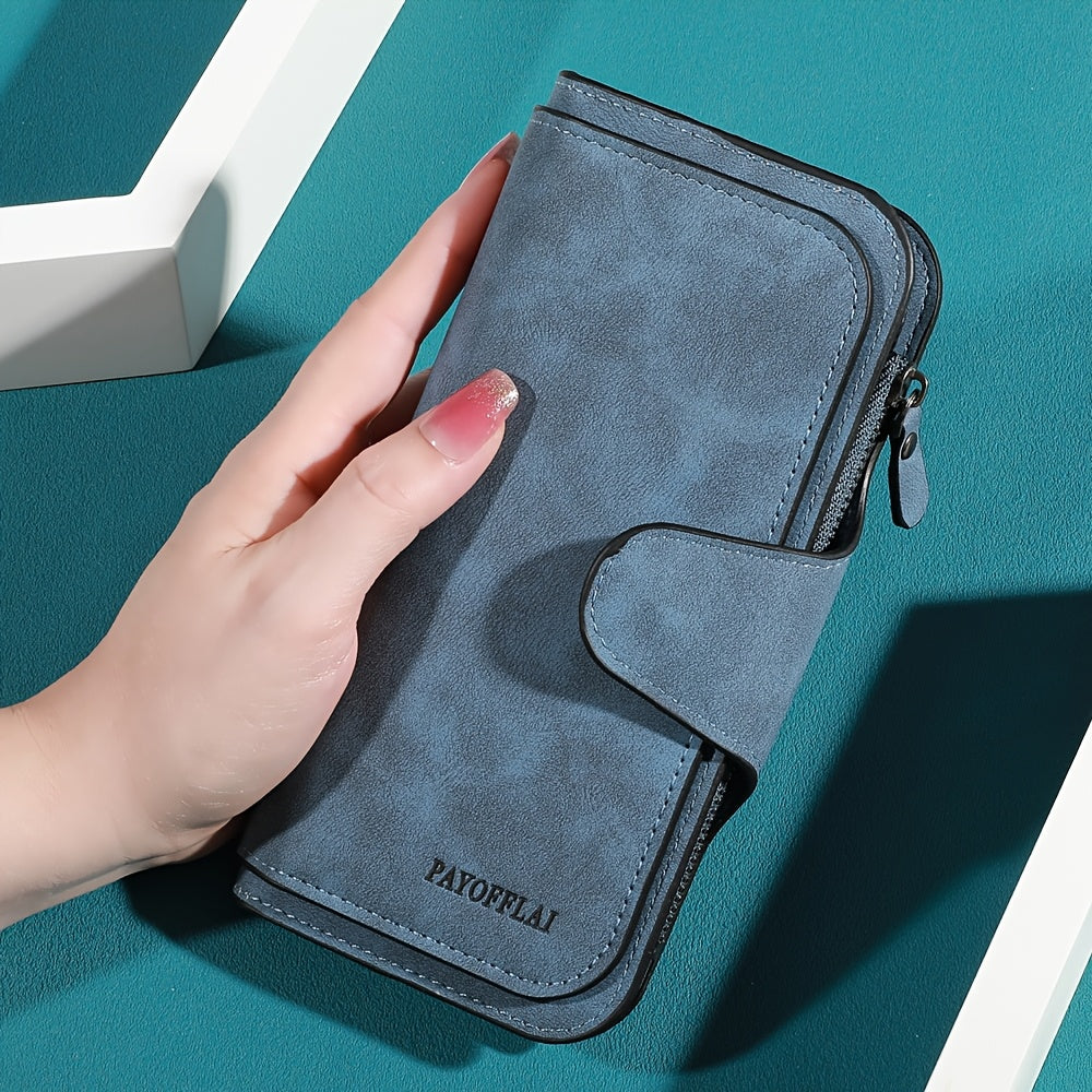 Yangi vintage uslubidagi ayollar uchun uzun hamyon, sun'iy charmdan tayyorlangan, tugmachali yopiq, zip cho'ntak, naylon astar, ko'p kartochka joylari va chet bo'yash tafsiloti bilan.