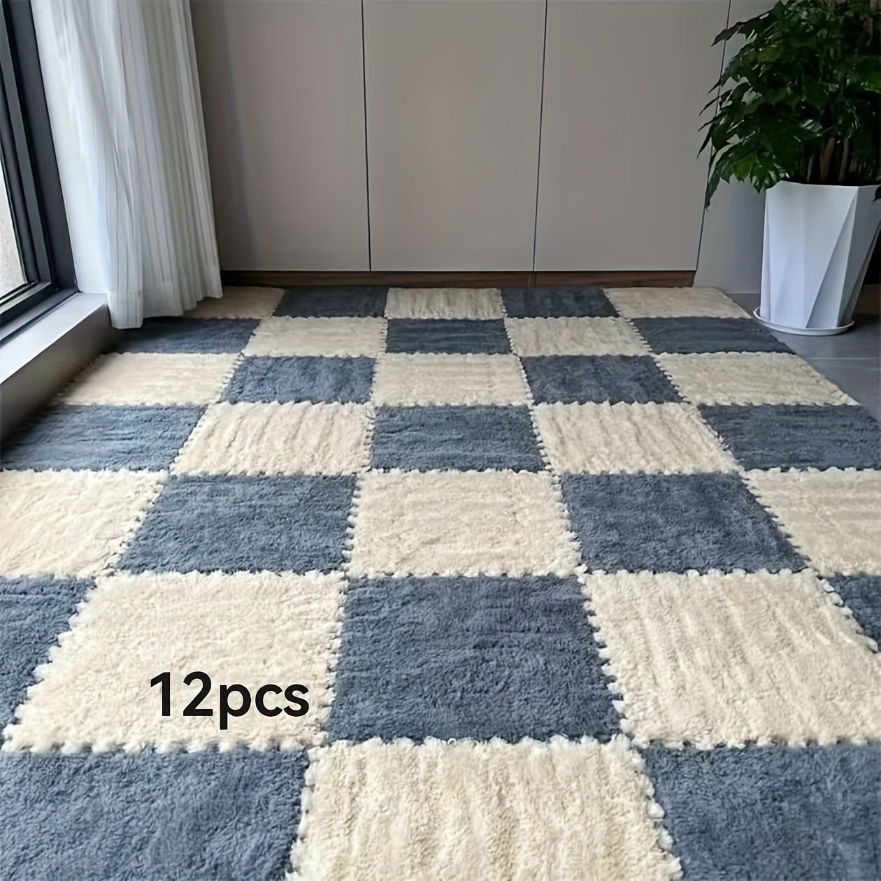 12pcs Square Flower Pattern Plush Area Rugs Set Washable Non-Slip Low Pile Polyester EVA Bedroom Living Room Decor