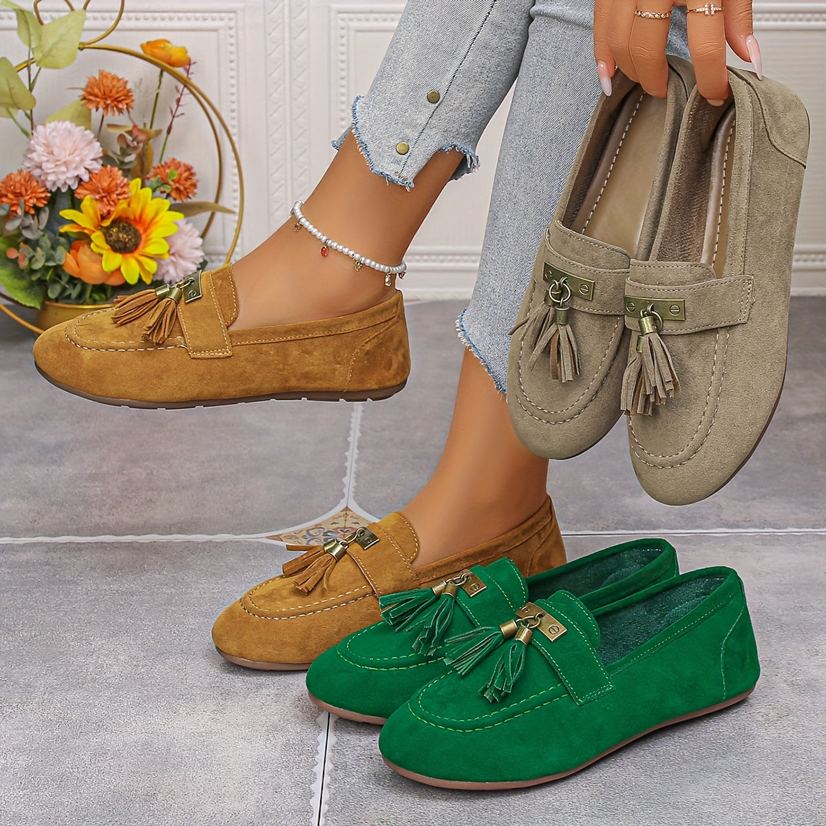 Women's Slip-On Loafers Non-Slip TPR Sole Floral Tassel Cushioned Insole